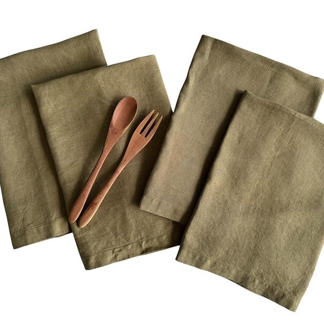 Linen Napkins – 100% French Flax – Stonewashed Pure Linen Cloth Napkins – Mitered Corners – Set of 4 (Green Olive)