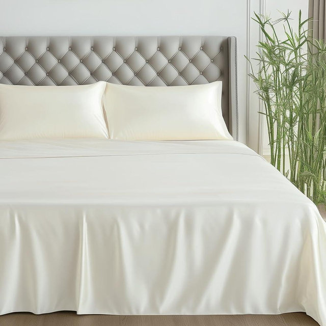 Viscose Derived from Bamboo, Soft Cooling Bedding with Silky Smooth Finish,16" Deep Pocket, Hypoallergenic, Breathable, 4-Pieces King Size Luxury Hotel Milky White Bed Sheet Set, Oeko-Tex Certified