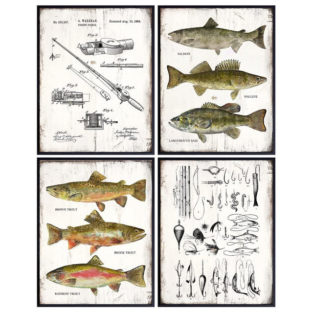 Fishing Accessories Patent Print, Rod, Reel, Lures Wall Art Set - Lake or Mountain House Decor for the Home - Rustic Vintage Bass, Trout, Freshwater Fish Room Decoration Poster - Gift for Fishermen
