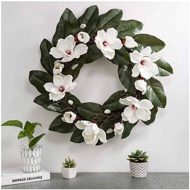 Glitzhome 24" D Artificial Magnolia Wreath, Spring Hanging Wreath for Front Door & Wall & Windows Decoration Holiday Festival Wedding Decor