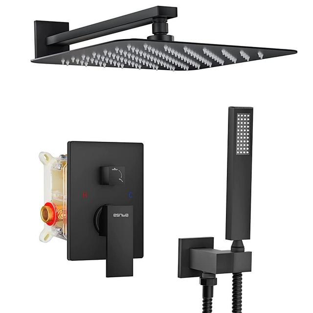 ESNBIA Shower System, Bathroom 12 Inches Rain Shower Head with Handheld Combo Set, Wall Mounted High Pressure Rainfall Dual Shower Head System, Shower Faucet Set with Valve and trim, Matte Black