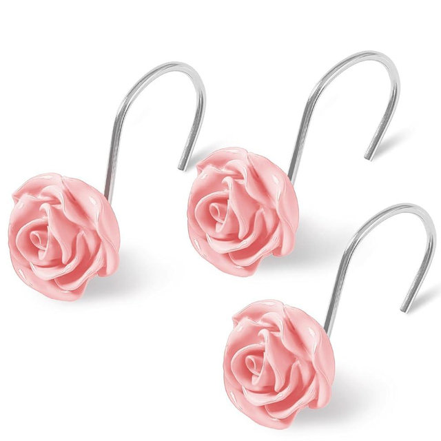Litabel Rose Flower Shower Curtain Hooks 12PCS,Home Decorative Pink Rose Shower Curtain Hooks Metal Rustproof Cute Rose Flower Shower Hooks Rings Bathroom Shower Rods Decoration Accessories