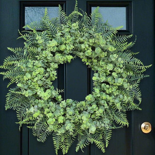 26'' Eucalyptus and Boston Ferns Wreath for Front Door - Large Artificial Greenery Outdoor Wreath for Porch,Window,Farmhouse,Home,Hanging Decor- Spring, Summer, All Seasons (Gray-Green)