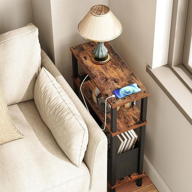CHOEZON Small Narrow Side Table with Charging Station, Skinny End Table with Fabric Basket, Slim Nightstand for Small Spaces, Sofa Side Table, for Living Room, Bedroom, Rustic Brown and Black TBZ07UBF