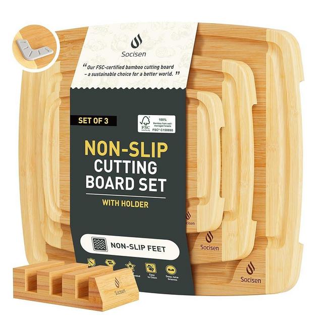 Bamboo Cutting Board Set Non Slip Feet with Holder Over Sink Tablas Para Picar Cocina Tabua Madeira Corte Carne Bambu Alimentos Cortar Madera Juego Regalos Cumpleaños Navidad Mujer Mama Abuela Papa