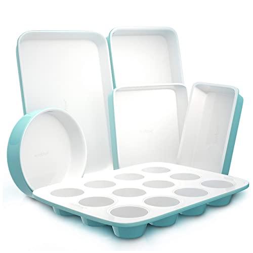 NutriChef 6-Pcs Kitchen Oven Baking Pans - Non-Stick Baking Sheets Set, Attractive Green pans & White Inside Pan, Quality Kitchenware For Cooking & Baking Cake Loaf, Muffins & More