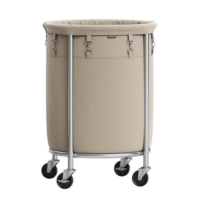 SONGMICS Laundry Basket with Casters, Rolling Laundry Hamper, 29 Gal., Round Laundry Cart with Steel Frame and Removable Bag, 4 Casters and 2 Brakes, Camel Brown and Metallic Silver URLS002N01
