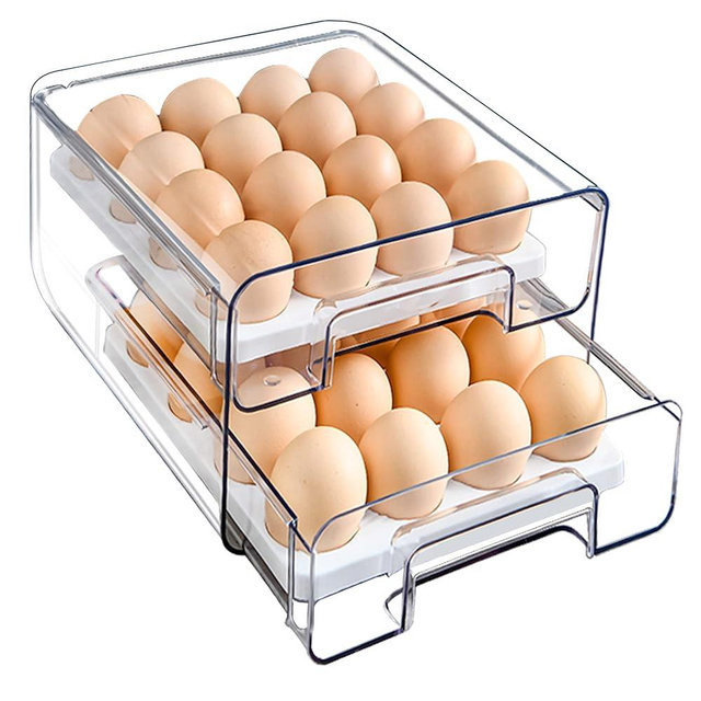 Egg Container for Refrigerator - 32 Grid Large Capacity Egg Fresh Storage Box for Fridge, Double Layer Egg Drawer, Stackable Egg Holder with Removable Egg Tray,Clear, BPA-Free