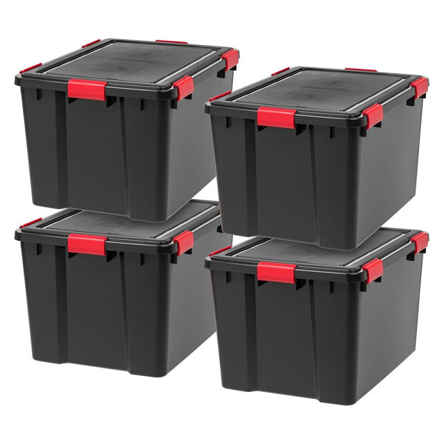 IRIS USA 74 Qt WEATHERPRO Heavy Duty Storage Box with Gasket Seal Lid, 4 Pack - Black/Red