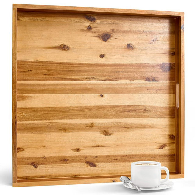 TIDITA 24 x 24 inch Acacia Wood Square Ottoman Tray – Large Wooden Tray for Ottoman, Extra Large Ottoman Tray for Living Room, Coffee Table & Decorative Use (Acacia Color)