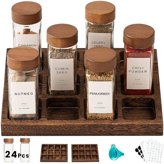 Yangbaga 2pcs Wood Spice Racks with 24pcs Spice Jars Glass Empty Spice Jars with labels & Racks& Wooden Airtight Lids, Empty Square Spice Bottles for Stove Top &Countertop