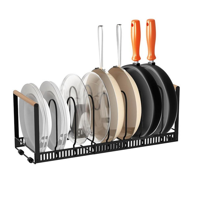 FUPOJH Upgraded Pot Rack Organizer, Expandable Pot Organizer Rack for under Cabinet, Pot and Pan Rack with Adjustable Dividers and Wooden Handles for Kitchen Cabinet