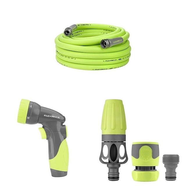 Flexzilla Garden Hose 5/8 in. x 50 ft, Heavy Duty, Lightweight, ZillaGreen & 6-Pattern Adjustable Garden Hose Nozzle - NFZG64 & Garden Hose Nozzle Kit, 3-Piece - HFZGAK01