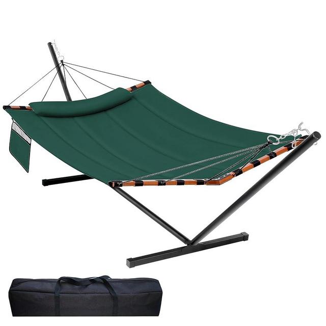 TegerDeger 12FT 2 Person Hammock with Stand Included 55 x 79IN Large Hammock 450LB Capacity with Hardwood Spreader Bar & Nylon Rope for Outside, Patio, Garden, Backyard, Beach, Poolside - Dark Green