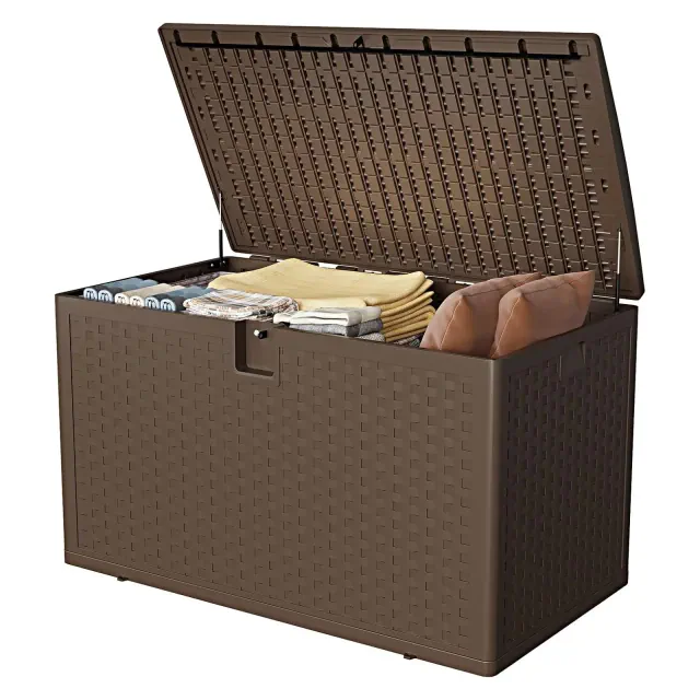 130 gal Outdoor Storage Box with Lid, Weather-Resistant Plastic Deck Box, Lockable Outdoor Storage Bin for Patio Furniture, Gardening Tools, Brown