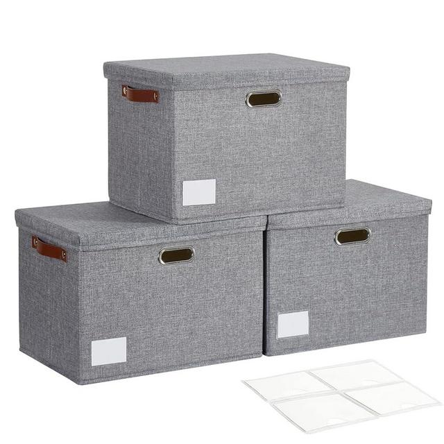 Roobyl 17" Large Collapsible Storage Bins with Lids, Stackable Closet Organizers with PU Handle and Labels, 3-Pack Decorative Fabric Storage Boxes for Home, Bedroom, Closet, Office, Nursery(Gray)