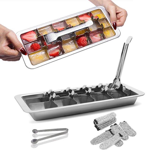 GHAHILI Stainless Steel Ice Cube Trays, Metal Ice Cube Trays for Freezer Vintage Inspired Design with Release Lever Remove Handle for Making Large Cubes Kitchen & Bar (1pcs+Tweezers & Finger Gloves)