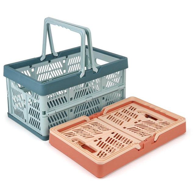 Domiella 2-Pack Foldable Storage Baskets, Collapsible PP Crates with Handles - 20L Capacity, Strong and Portable for Home Organization, Picnic and Shopping, Blue + Pink