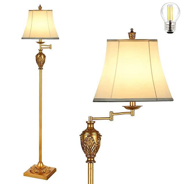 Traditional LED Floor Lamp with 350° Adjustable Swing Arm Lamp – Vintage Pole lamp Swing arm for Living Room, Bedroom and Office – Rustic Upright Floor Light for Home Décor with Faux Silk Fabric Shade