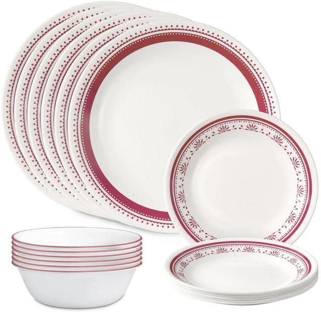 Corelle Everyday 18-PC Dinnerware Set, Service for 6, Durable and Eco-Friendly, Higher Rim Glass Plate & Bowl Set, Microwave and Dishwasher Safe, Sadie