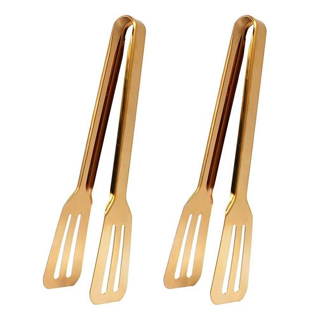 IAXSEE 2-Pack Stainless Steel Gold Salad Tongs, Non-slip & Easy Grip Smart Locking Clip Handy Utensil for Cooking, Serving, Barbecue, Buffet, Salad, Ice, Oven 9.5 Inch