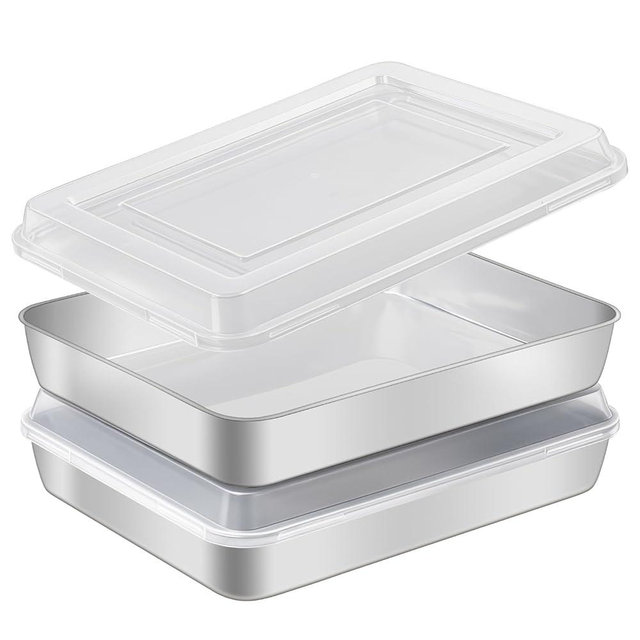 ACTUKSX Stainless Steel Baking Pan with Lid, 2-Pack Rectangular Cake Pan Set, Non-Toxic & Heavy Duty Metal Bakeware for Brownie, Lasagna, Casserole, Roasting, Dishwasher Safe