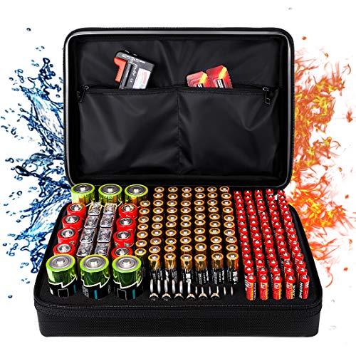 Fireproof Battery Organizer Storage Box, Fireproof Waterproof Explosionproof Safe Carrying Case Bag Hard Holder, Holds 200+ Batteries AA AAA C D 9V, with Battery Tester BT-168 (Not Includes Batteries)