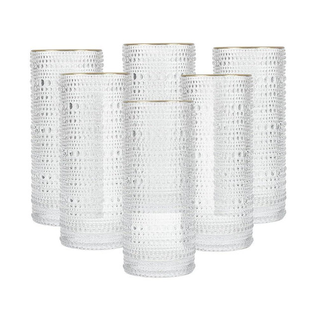 FORTESSA Jupiter Beaded Hobnail Glass Vintage Themed Drinkware Set, 10.8 Ounce Collins Highball Glass (Set of 6), Dishwasher-Safe, Clear/Gold Rim