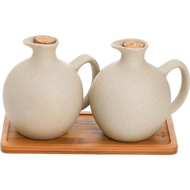 Elsjoy Set of 2 Ceramic Oil Vinegar Dispenser with Cork and Tray, 17 Oz Tabletop Oil Bottles Soy Sauce Jar, Decorative Olive Oil Stoneware Holder Vinegar Container for Kitchen