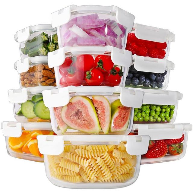 HOMBERKING 24pc Glass Food Storage Containers with Lids, Glass Meal Prep Containers with Leak Proof Snap Lock Lids, Airtight Bento Lunch Boxes, Kitchen Storage (12 lids & 12 Containers) - White