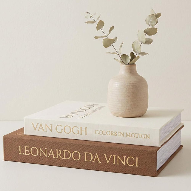 MAOBUYOU Decorative Storage Books Set of 2, Linen Cover, Gold Letters, Beige and Brown