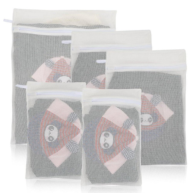 5-Piece Organic Cotton Laundry Bags with Zipper and Hanging Loop, 3 Sizes (S, M, L) Mesh Laundry Bag, Durable Cotton Mesh Laundry Bag for Delicate Underwear and Socks.