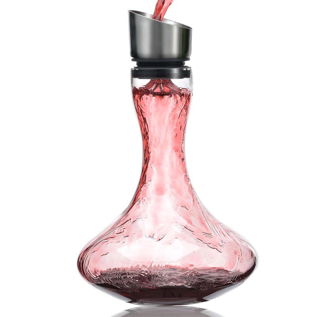 Wlasss Hand Blown Wine Decanter with Aerator, 1300ml/44oz Red Wine Decanter, Crystal Wine Carafe with Stainless Steel Pour Lid and Filter, Elegant Design Easy Pour, Wine Aerator Wine Gifts for Women