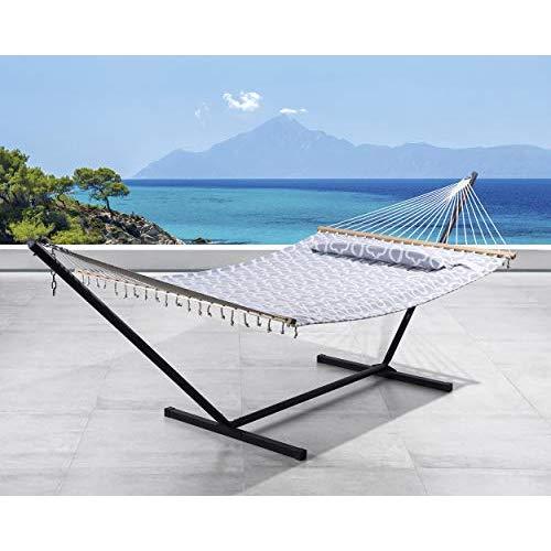 SUNCREAT 2 Person Double Hammock with 12 Foot Steel Stand, Includes Quilted Fabric Bed and Pillow, Grey