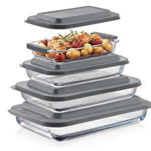 Pexo 8 Piece Glass Baking Dish Set with Lids, With Silicone Handles for Easy Grip (1.06QT, 1.69QT, 2.32QT, 3.17QT), Clear Glass Casserole Dishes for Oven, Airtight Lids, Glass Bakeware, Freezer, Oven, and Dishwasher safe (Gray)