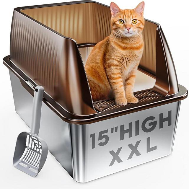 Tripamin 15” XL Stainless Steel Cat Litter Box Enclosure, XXL Stainless Steel High Sides with Lid, Extra Large Metal Cat Litter Box (Translucent Brown, XX-Large)