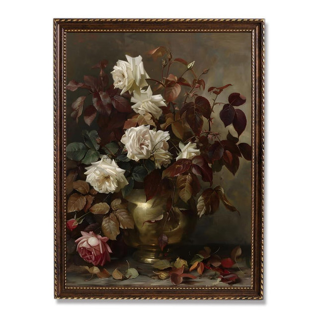 ARTZIO Retro Frame Moody Floral Wall Art Canvas Print–Vintage Rose Oil Painting,Rustic Dark Academia Decor for Living Room,Office,Bedroom,Kitchen – Farmhouse Style Home Decor(12''x16'')