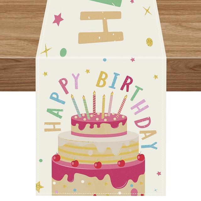 Happy Birthday Cake Table Runner, 14 x 72 Inch Dining Table Runner for Celebrate Birthday Party Table Decorations, Outdoor Indoor Party Supplies