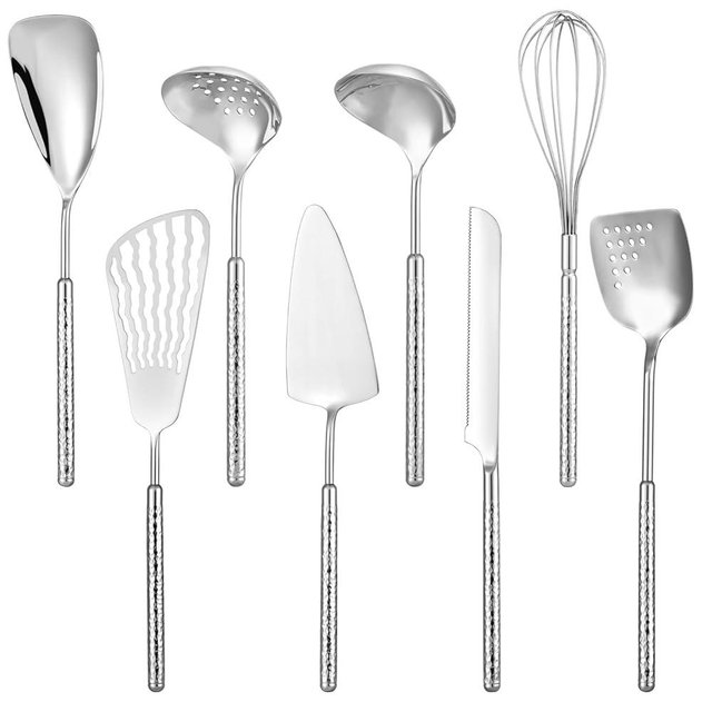 HIFIND 304 Stainless Steel Cooking Utensils Set, 8PCS Kitchen Utensils Set, Luxury Kitchen Utensils, Deep Ladle, Skimmer, Slotted Spatula, Fish Spatula, Serving Spoon, Whisk, Bread Knife, Cake Server