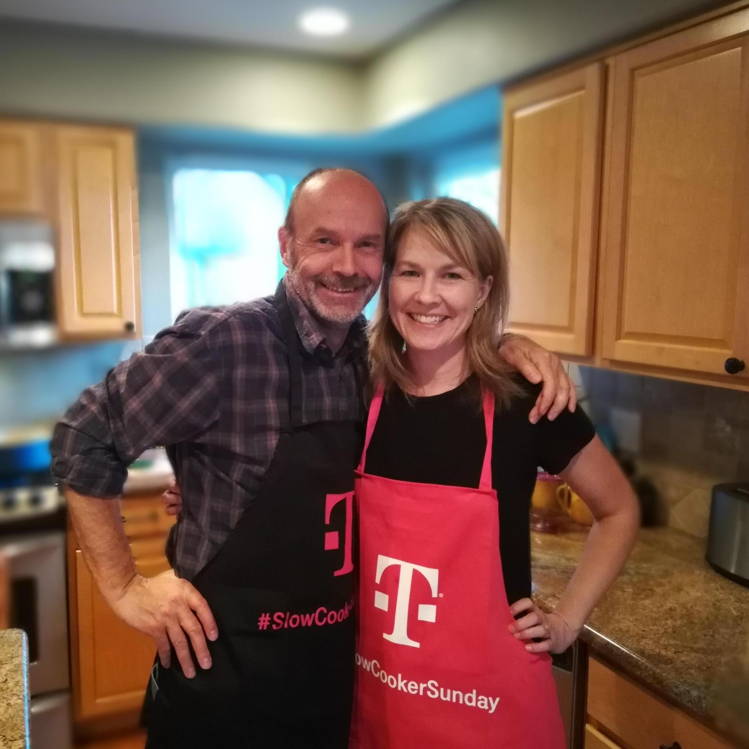 Wearing T-Mobile swag in our kitchen.