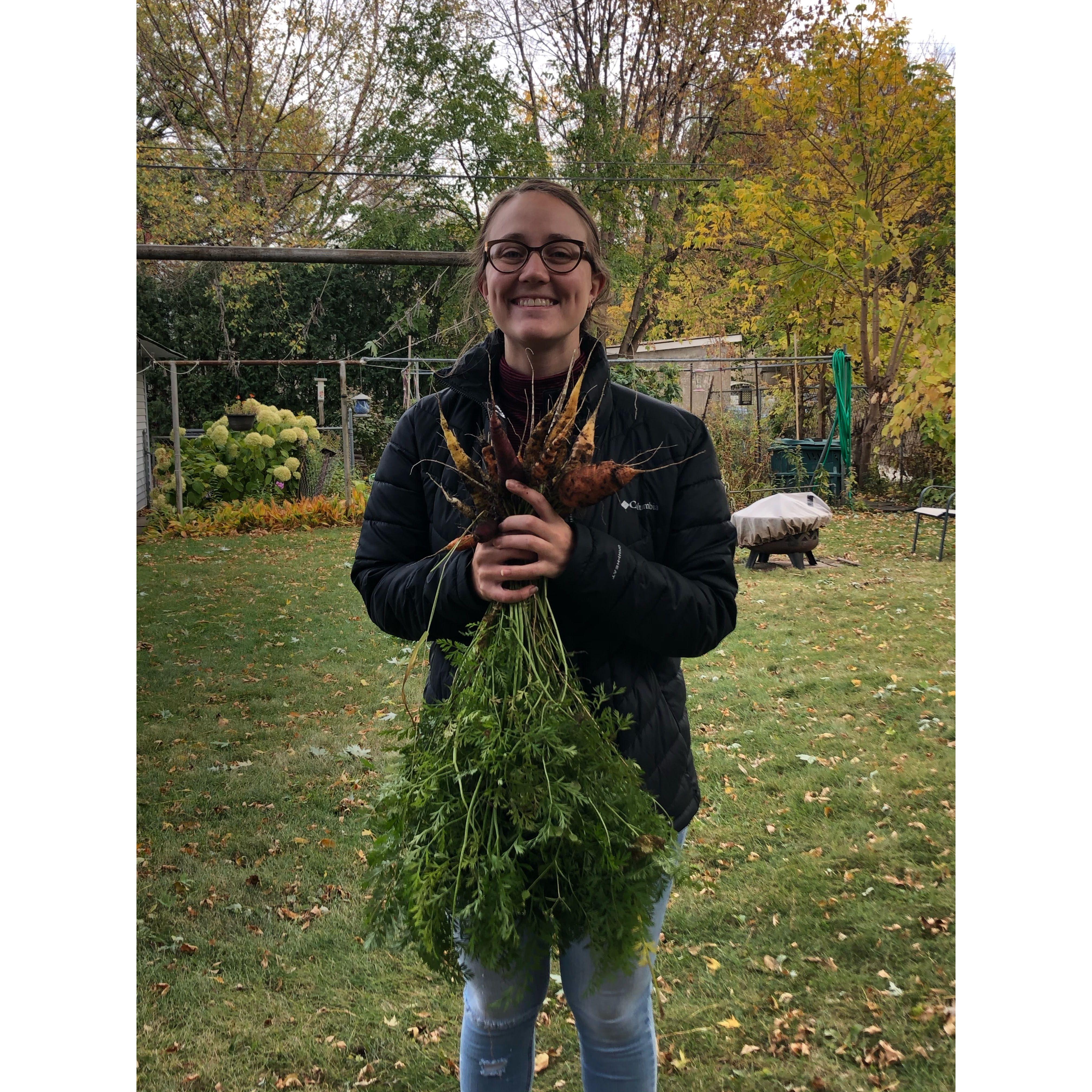 Lucy with her successful carrot harvest