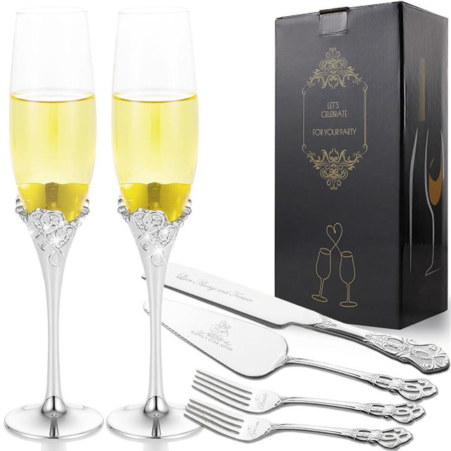 VARLKA Wedding Cake Knife and Server Set, Heart Shaped Mr and Mrs Champagne Flutes with Cake Cutting Set for Wedding Bridal Shower Gifts (Silver)