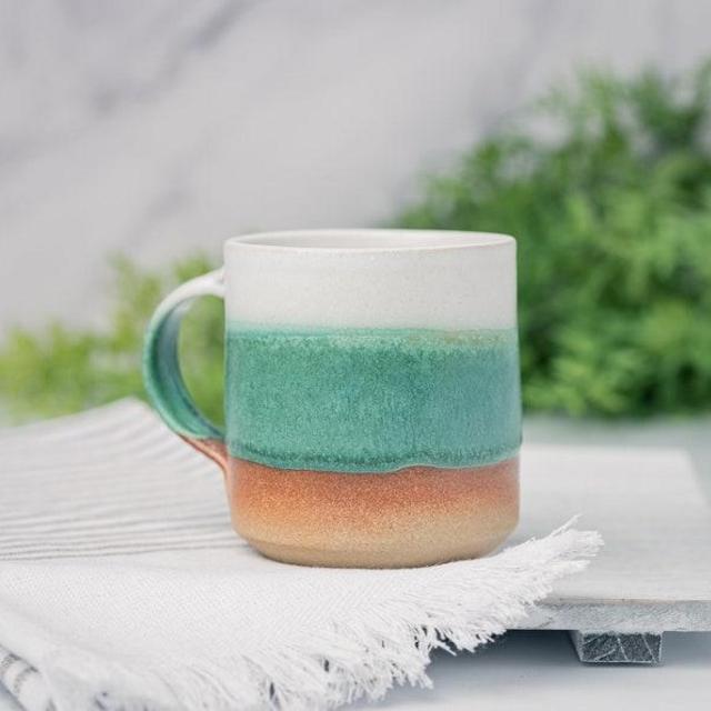Coffee Mug, Tea Mug: White/Green, 12 - 14 oz, Stoneware, Handmade