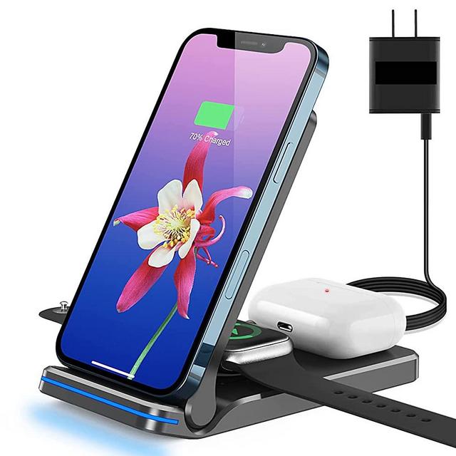 Foldable Wireless Charger, Wireless Device, Three-in-one Fast Charging Station, Suitable for iPhone/iwatch/Airpods iPhone 13/12/12 Pro/11/11 Pro Max/XR/X/XS/8 Series, Samsung, etc. (with Adapter)