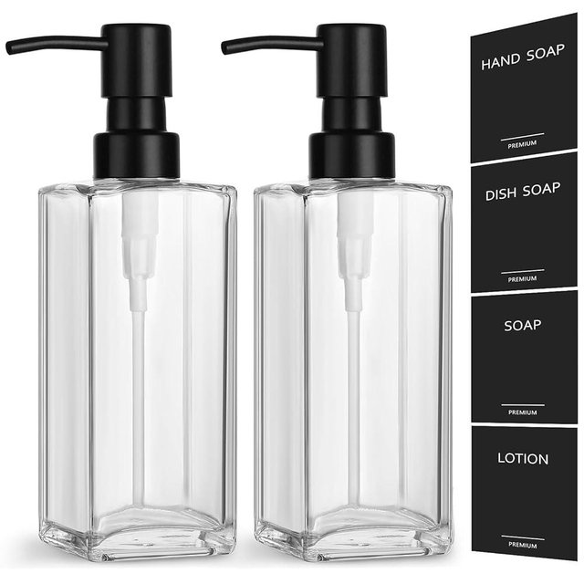 GMISUN Glass Soap Dispenser with Stainless Steel Pump, Clear Hand Soap Dispenser for Bathroom, 12 fl oz/350ml Refillable Dish Dispenser for Kitchen, Modern Liquid Soap and Lotion Bottle for Countertop