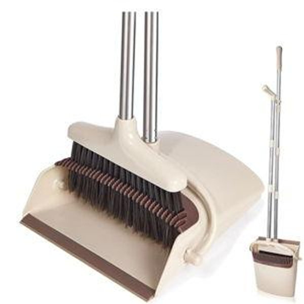 Broom and Dustpan Set with Long Handle, Light Weight Stainless Steel Poles Stand Upright Dustpans with Broom Combo for Home Kitchen Office Pet Dog Hair, Brown & Beige Color, 1-Pack