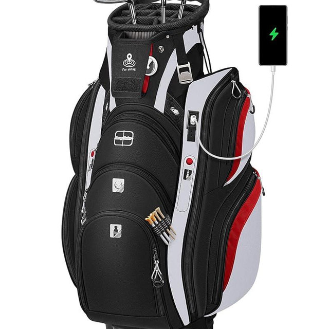 Vancropak Golf Cart Bag, 15 Way Divider Top Golf Bag with USB Charging Port, Waterproof Protective Rain Cover, Shoe Compartment, Cooler Pocket, Tracker Slot, Umbrella Holder, Gifts for Men
