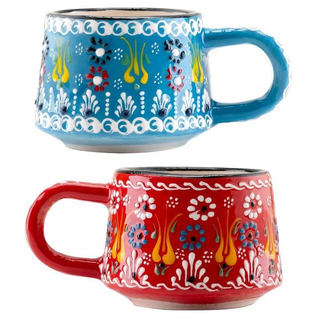 BCS 6 Oz Cappuccino Cups Set of 2, Ceramic Coffee & Tea Mugs, Colorful Handmade Cups, Dishwasher & Microwave Safe Ceramic Mugs (3 Inches, Blue - Red)