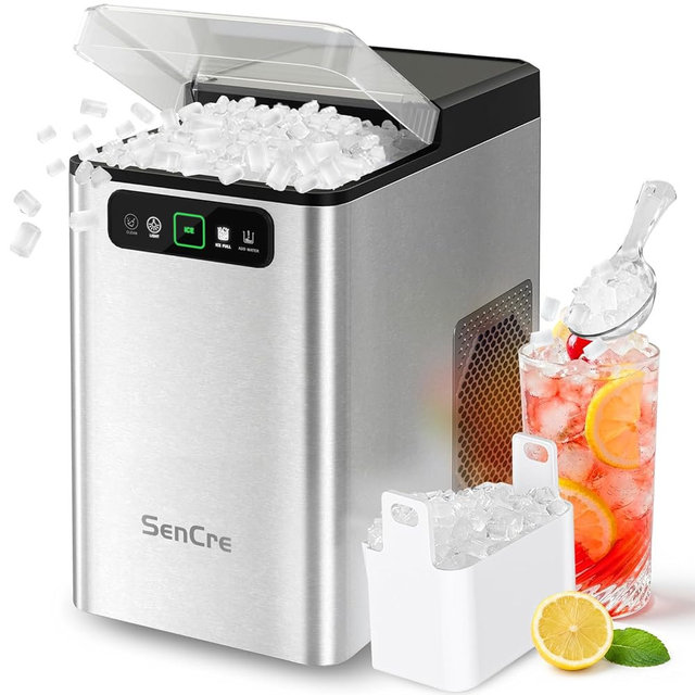 SenCre Nugget Ice Maker Countertop 40Lbs/24H Soft Chewable Ice Machine Pellet Crushed Ice Makers, One-Click Operation Auto Self-Cleaning Stainless Steel with Scoop for Home Kitchen Office, Silver