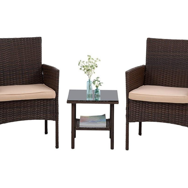 3 Piece Furniture Patio Chairs Wicker Outdoor Rattan Conversation Bistro Set for Backyard Porch Poolside Lawn (Brown)
